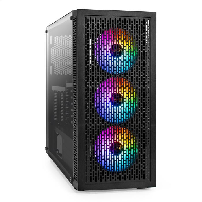 Корпус Miditower ExeGate EVO-5001A (ATX, без БП, 2*USB+1*USB3.0+HD Audio, черный, 3 вент.12см с RGB подсветкой, закаленное стекло)