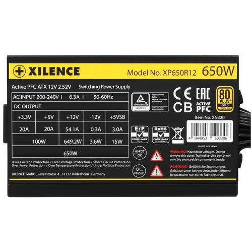 Блок питания Xilence ATX 650W Gaming series XN320 80+ Gold, APFC, 20+4 pin, 4+4 pin, 8pin CPU, 6SATA, 6+2 pin x3 PCI-E