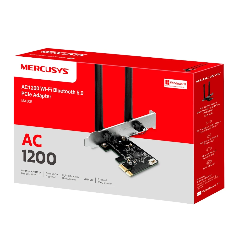 Сетевой адаптер Wi-Fi + Bluetooth Mercusys MA30E AC1200 PCI Express (ант.внеш.несъем.) 2ант.