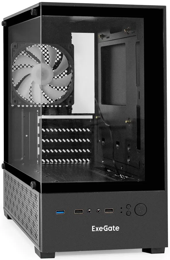 Корпус Minitower ExeGate i3 SEA (mATX, без БП, 1*USB+1*USB3.0, HD аудио, черный, 1x12см RGB, закаленное стекло)