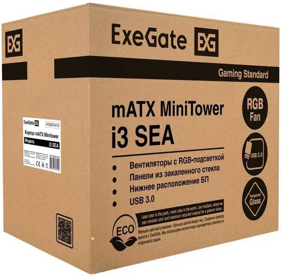 Корпус Minitower ExeGate i3 SEA (mATX, без БП, 1*USB+1*USB3.0, HD аудио, черный, 1x12см RGB, закаленное стекло)