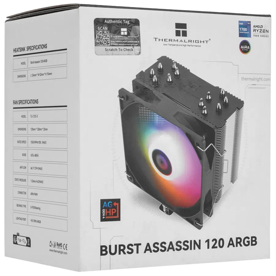 Устройство охлаждения(кулер) Thermalright Burst Assassin 120 ARGB Soc-AM5/AM4/1200/1700/1851 серебристый/черный 4-pin 25.6dB Al+Cu 510gr Ret (BA120-ARGB)