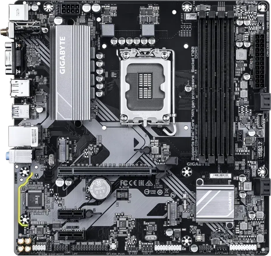 Материнская плата Gigabyte B760M D3HP WIFI6 Soc-1700 Intel B760 4xDDR5 mATX AC`97 8ch(7.1) GbLAN RAID+VGA+HDMI+DP