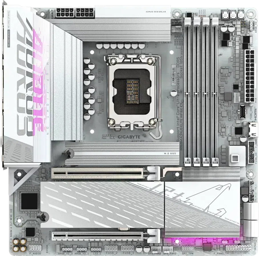 Материнская плата Gigabyte B860M AORUS ELITE WIFI6E ICE Soc-1851 Intel B860 4xDDR5 mATX AC`97 8ch(7.1) 2.5Gg RAID+HDMI+DP