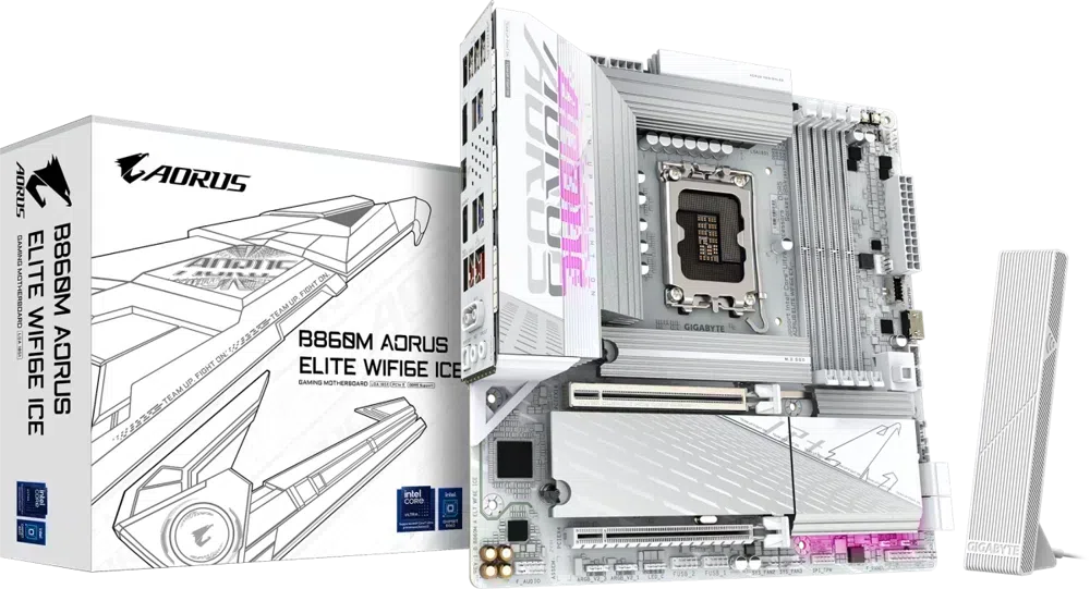Материнская плата Gigabyte B860M AORUS ELITE WIFI6E ICE Soc-1851 Intel B860 4xDDR5 mATX AC`97 8ch(7.1) 2.5Gg RAID+HDMI+DP