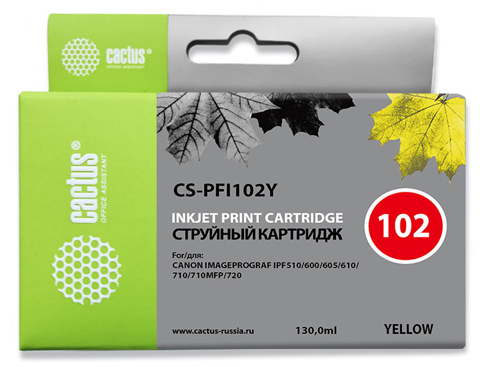 Картридж струйный Cactus CS-PFI102Y желтый (130мл) для Canon IP iPF500/iPF600/iPF700/MFP M40/iPF765/LP17/LP24