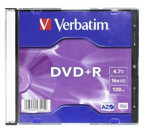 Диск DVD+R Verbatim 4.7Gb 16x Slim case (1шт) (43515)