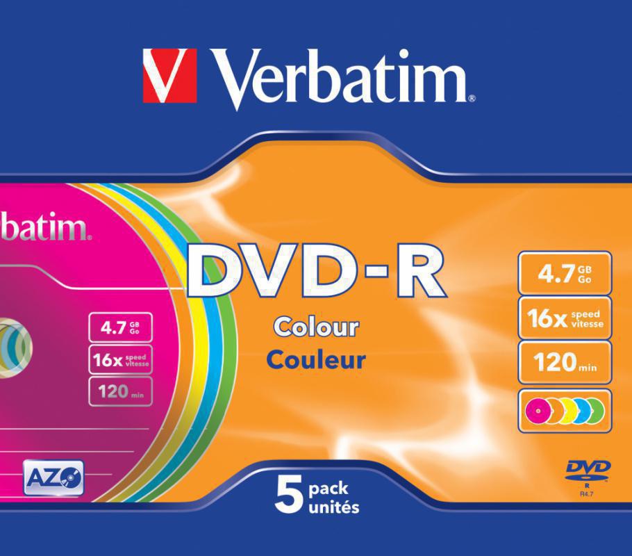 Диск DVD-R Verbatim 4.7Gb 16x Slim case (5шт) Color (43557)
