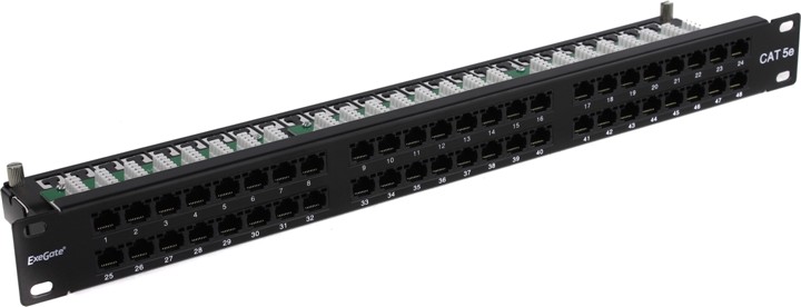 Патч-панель UTP 19" 48 port кат.5e ExeGate разъём KRONE&110 (dual IDC), 1U, RoHS, цвет черный <EX281081RUS>