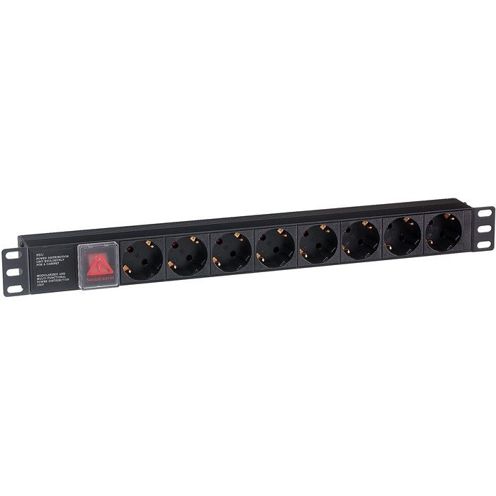 Блок розеток горизонтальный ExeGate ServerPro PDU-19H801 Al-8S-C14-SW, 19", 1U, Алюминий, 8 Schuko, С14, выкл. с подсветкой, черный <EX280840RUS>