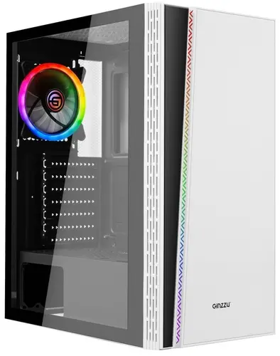 Корпус Ginzzu CL220 White Tempered Glass, 1x120mm FAN, RGB подсветка, 2*USB 2.0, 1*USB 3.0, HD Audio+Mic