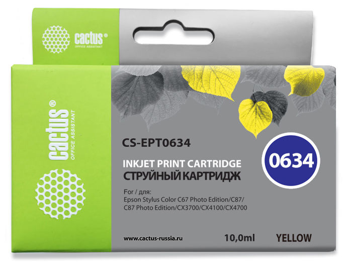 Картридж струйный Cactus CS-EPT0634 T0634 желтый (10мл) для Epson Stylus C67/C87/CX3700/CX4100/CX4700