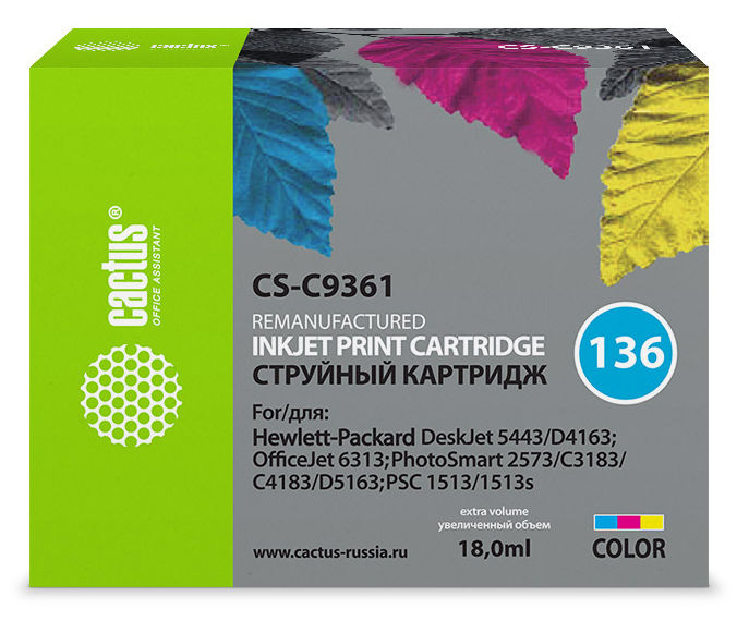 Картридж струйный Cactus CS-C9361 №136 многоцветный (18мл) для HP DJ 5443/D4163/DJ 6313/PS 2573/C3183/C4183/D5163/1513/1513s