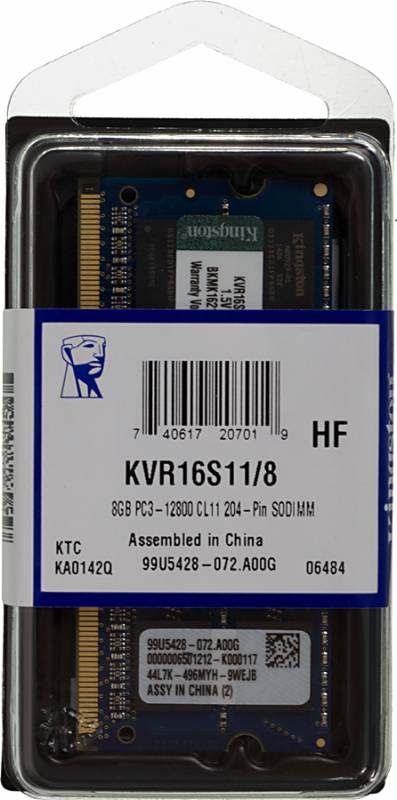 Память DDR3 8Gb 1600MHz Kingston KVR16S11/8 RTL PC3-12800 CL11 SO-DIMM 204-pin 1.5В dual rank Ret